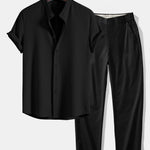 Muscle Fit Ribbed Stand Collar Shirt & Elastic Waist Straight Leg Trousers