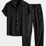Geometric Jacquard Eyelet Cuban Shirt & Crinkle Textured Straight Leg Pants