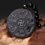 Buddha Stones Natural Black Obsidian Tibetan Om Mani Padme Hum Buddha Swastika Luck Necklace Pendant