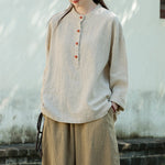 Linen Stand Collar Colorblock Buttoned Pullover Shirt