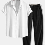 Muscle Fit Ribbed Button Up Shirt & Elastic Waist Straight Leg Trousers