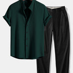 Muscle Fit Ribbed Stand Collar Shirt & Elastic Waist Straight Leg Trousers