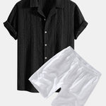 Geometric Jacquard Eyelet Cuban Shirt & Linen Drawstring Shorts