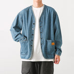 Japanese Retro Washed Denim Collarless Jacket