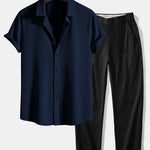 Muscle Fit Ribbed Button Up Shirt & Elastic Waist Straight Leg Trousers