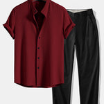 Muscle Fit Ribbed Stand Collar Shirt & Elastic Waist Straight Leg Trousers