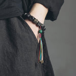 Buddha Stones Tibet Ebony Wood Copper Peace Tassel Wrist Mala Bracelet