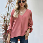 Zeagoo V-Neck Long Sleeve Buckle T-Shirt Plain Shirts Shirt Top Elegant Shirts Casual Slim Fit Basic
