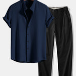 Muscle Fit Ribbed Stand Collar Shirt & Elastic Waist Straight Leg Trousers