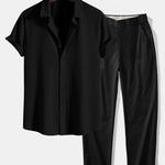 Muscle Fit Ribbed Button Up Shirt & Elastic Waist Straight Leg Trousers