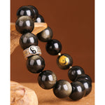 Buddha Stones 925 Sterling Silver Black Obsidian Gold Sheen Obsidian Silver Sheen Obsidian Yin Yang Protection Bracelet (Extra 35% Off | USE CODE: FS35)