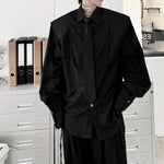 Tie-decorated Button-down Shoulder-padded Solid Color Shirt
