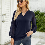 Zeagoo V Neck Tops Solid Color Blouse Long Sleeve Pullover Lace Patchwork Shirt