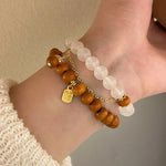 Buddha Stones Sandalwood Cat's Eye Fu Character Charm Protection Bracelet