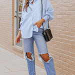 Zeagoo Stripe Button-Down Long Sleeve Shirt Contrast Business Casual Top Loose Blouse