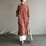 Buddha Stones Flower Jacquard Midi Dress Long Sleeve Cotton Linen Dress Wide Leg Pants With Pockets