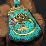 Buddha Stones Tibet God Of Wealth Money Tree Golden Phoenix Thangka Ebony Peace Necklace Pendant
