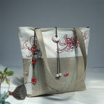 Buddha Stones Pear Flower Plum Peach Blossom Bamboo Embroidery Canvas Large Capacity Shoulder Bag Tote Bag