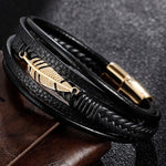 Buddha Stones Feather Pattern Multilayer Leather Titanium Steel Calm Braided Magnetic Buckle Bracelet