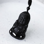 Buddha Stones Natural Black Obsidian Crystal Buddha Strength Protection Amulet Lucky Charm Pendant Necklace