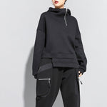 Hooded Loose Black Irregular Hem Sweatshirt
