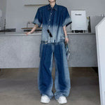 OmbrÃ© Denim Short-sleeve Jacket and Jeans Two-piece Set