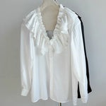 Padded Shoulder Ruffle Collar Loose Drape Shirt