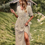 Zeagoo Women's Button Down V Neck Full Print High Waist A-Line Summer Casual Dress