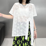 Women's Floral Pattern Lace Slit Hem T-shirt