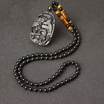 Buddha Stones Black Obsidian Tiger Eye Dragon Phoenix Protection Beaded Necklace Pendant