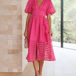 Zeagoo Women's Deep V Neck Short Puff Sleeve Plaid Midi Dress Elegant Button Front Beach Flowy Dress