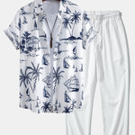 Island Sailing Print Button Up Shirt & Wrinkle Textured Straight Leg Pants