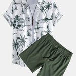 Island Sailing Print Button Up Shirt & Solid Drawstring Swim Shorts