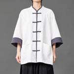 Cotton Linen Three Quarter Sleeve Frog Button Taichi Shirt