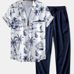 Island Sailing Print Button Up Shirt & Wrinkle Textured Straight Leg Pants