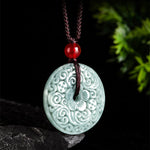 Buddha Stones Green Jade Flower Carved Peace Buckle Abundance Necklace Pendant