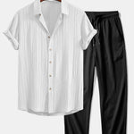 Crinkled Textured Button Up Shirt & Crinkle Textured Straight Leg Pants