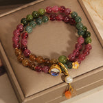 Buddha Stones Multicolored Tourmaline Positive Double Wrap Gourd Charm Bracelet