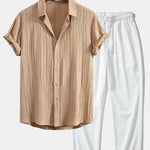 Crinkled Textured Button Up Shirt & Crinkle Textured Straight Leg Pants