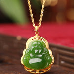 Buddha Stones 925 Sterling Silver Natural Hetian Cyan Jade Laughing Buddha 18K Gold Healing Necklace Chain Pendant