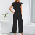Zeagoo Women's Casual Loose Jumpsuit V Neck Sleeveless Solid Ruffle Pleated Wide-leg Long Playsuit with Belt
