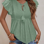 Zeagoo Eyelet Tie-Neck Flutter-Sleeve Top Solid Color Casual Blouse for Women Casual Work Office Loose Fit 2026 | Under $40