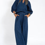 Zeagoo Women's Casual Denim Two-piece Set Loose Puffed Sleeve Blouse and Wide-leg Pants