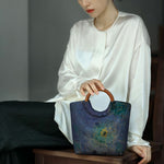Buddha Stones Peony Flower Bamboo Leaves Bird Solid Wood Handle Handbag