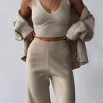 Zeagoo Women's Chic V-neck Knitted Three-piece Set Sleeveless Crop Vest and Sweater Cardigan & Solid Wide Leg Pants