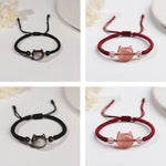 Buddha Stones Handmade Natural Silver Sheen Obsidian Strawberry Quartz Cute Cat Protection Braided Bracelet