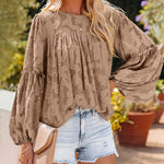Zeagoo Long Bell Sleeve Blouses Crewneck Floral Lace Textured Babydoll Shirts Tops