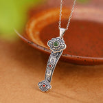 Buddha Stones 925 Sterling Silver Red Agate Cyan Jade Auspicious Clouds Ruyi Handle Blessing Necklace Pendant