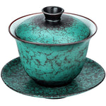 Buddha Stones Retro Green Glaze Ceramic Gaiwan Sancai Teacup Kung Fu Tea Cup And Saucer With Lid