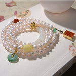 Buddha Stones 925 Sterling Silver Pearl Hetian Jade Red Agate Double Happiness Amber Luck Quadruple Wrap Bracelet (Extra 30% Off | USE CODE: FS30)